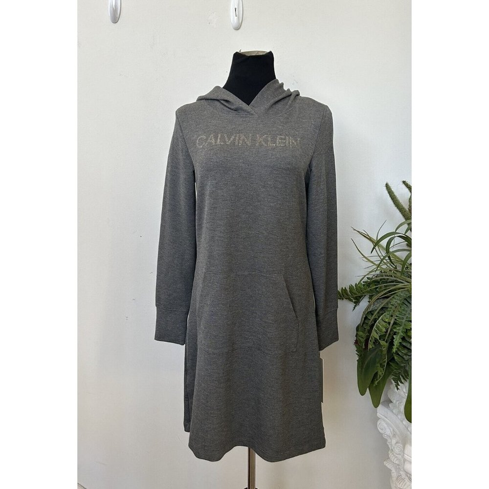 NWT Calvin Klein Dress Gray hooded Studded‎ Bling Long Sleeve Dress Size M